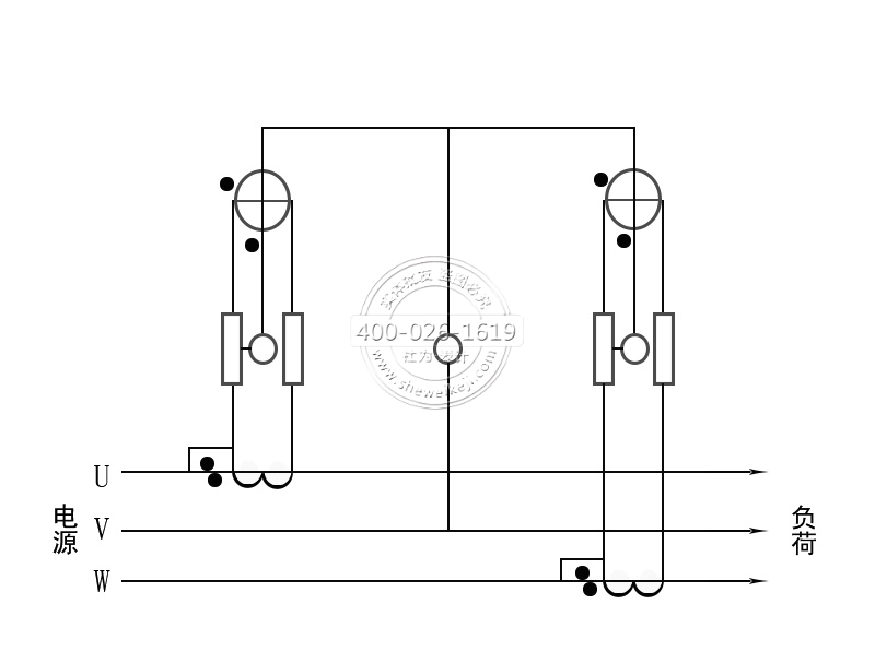 三相三线电能表经电流互感器接线（电流、电压线共用）